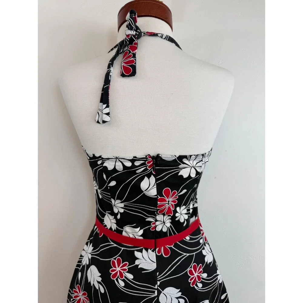 Rampage‎ Floral Halter Dress Red White Y2K Rockabilly Pinup Retro Tulle Sz 3 XS